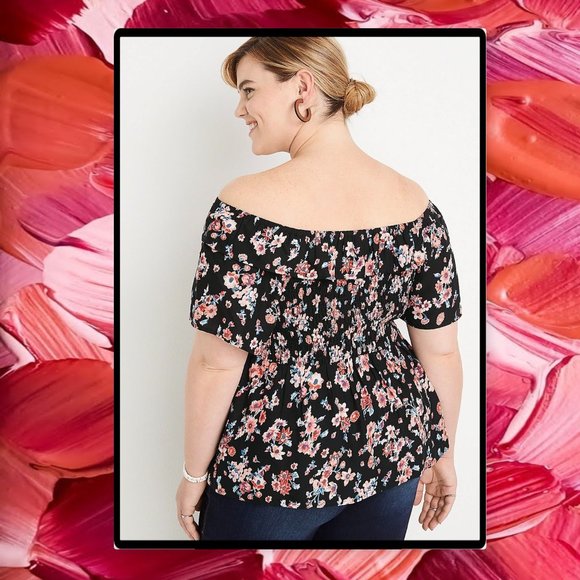 Maurice's Plus Size Black Floral Smocked Off the Shoulder Top 2X & 3X - Picture 3 of 12